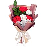 Rimvoe Crochet Rose Flower Bouquet, Red Rose Forget Me Not Knitted Artificial Flowers, Handmade Finished Crochet Bouquet, Gift for Mother Wife Women