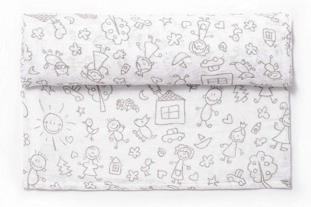Ti TIN Muslin 100% Cotton 120 x 120 cm, Breathable, Light and Soft, Ideal for Babies 0-36 Months, Easy Wash and Dryer, Made in Spain, Children's Drawings Print Grey