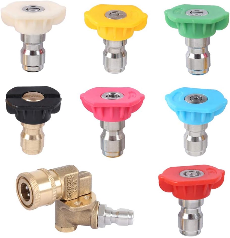 DWDMZ 7pcs Pressure Washer Spray Nozzle Tips Tool Daily Pressure Washer Accessories Kit Quick Connecting Pivoting Coupler 4500 PSI 1/4”Plug, 90 Degree Rotation Multiple Degree 8Pack
