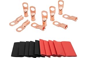 MEYOOZIISU 10PCS 4 AWG-3/8 Wire Lugs - 4 Gauge Battery Cable Lugs, Copper Terminal Connectors, Ring Terminals, Marine Grade - with 10pcs 3:1 Heat Shrink Tubing…