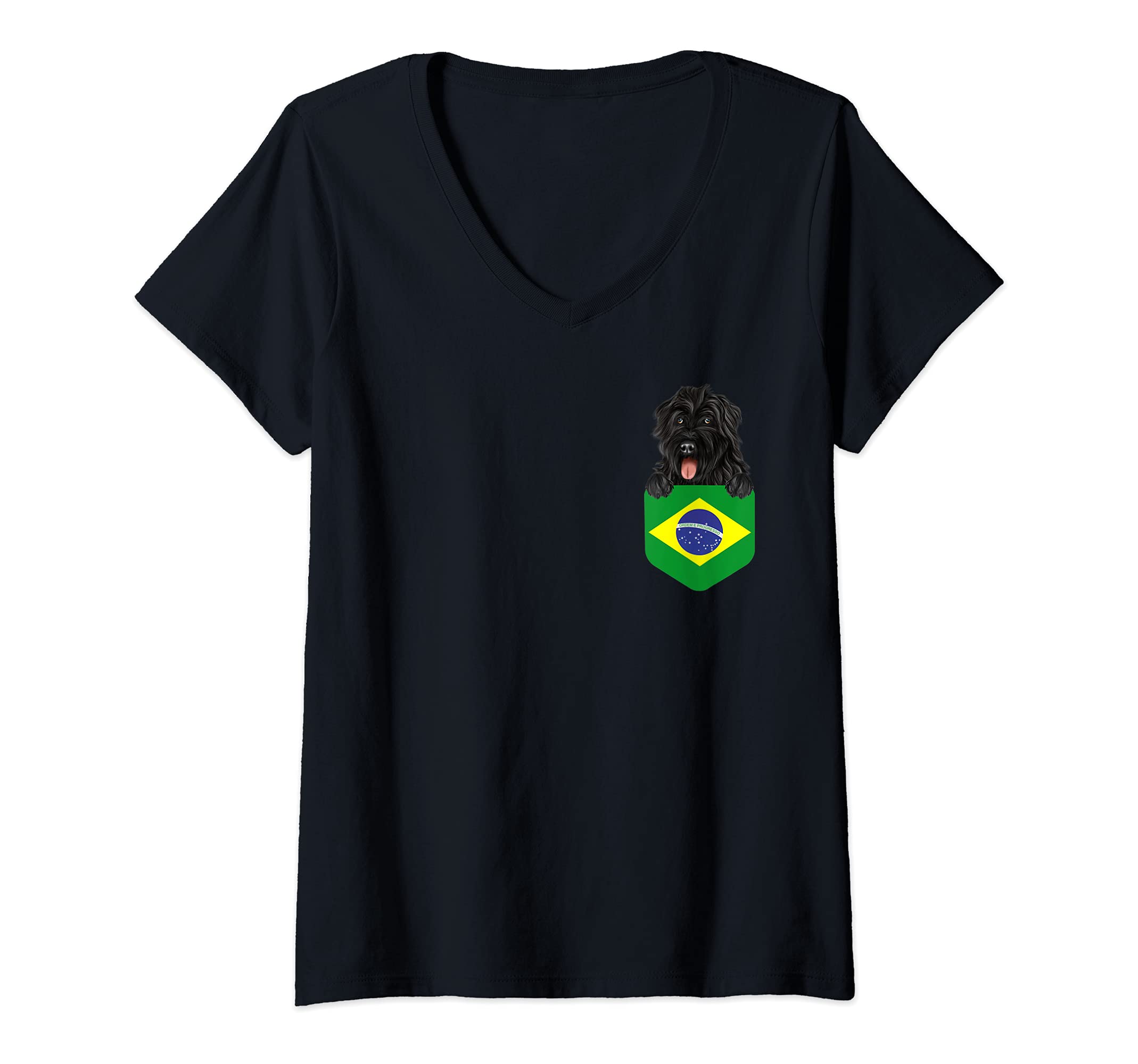 Womens Brazil Flag Bouvier des Flandres Dog In Pocket V-Neck T-Shirt