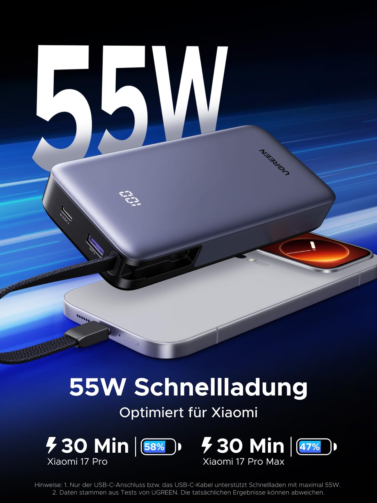UGREEN Nexode Power Bank 20000mAh 55W mit CCC-Zertifizierung, Mi Turbo Charge für Xiaomi, 45W PD Schnellladung integriertem Kabel, kompatibel mit iPhone 17/16/15, Galaxy S26 Ultra und mehr 3