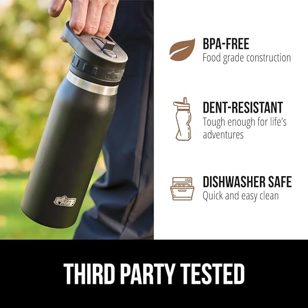 GORILLA GRIP HEAVY DUTY INSULATED WATER BOTTLE, 40 OZ, LEAKPROOF FLIP STRAW, STAINLESS STEEL WALL KEEPS DRINK COLD UP TO 8 HOURS, DENT RESISTANT TUMBLER, BPA-FREE TRAVEL BOTTLES, DISHWASHER SAFE BLACK