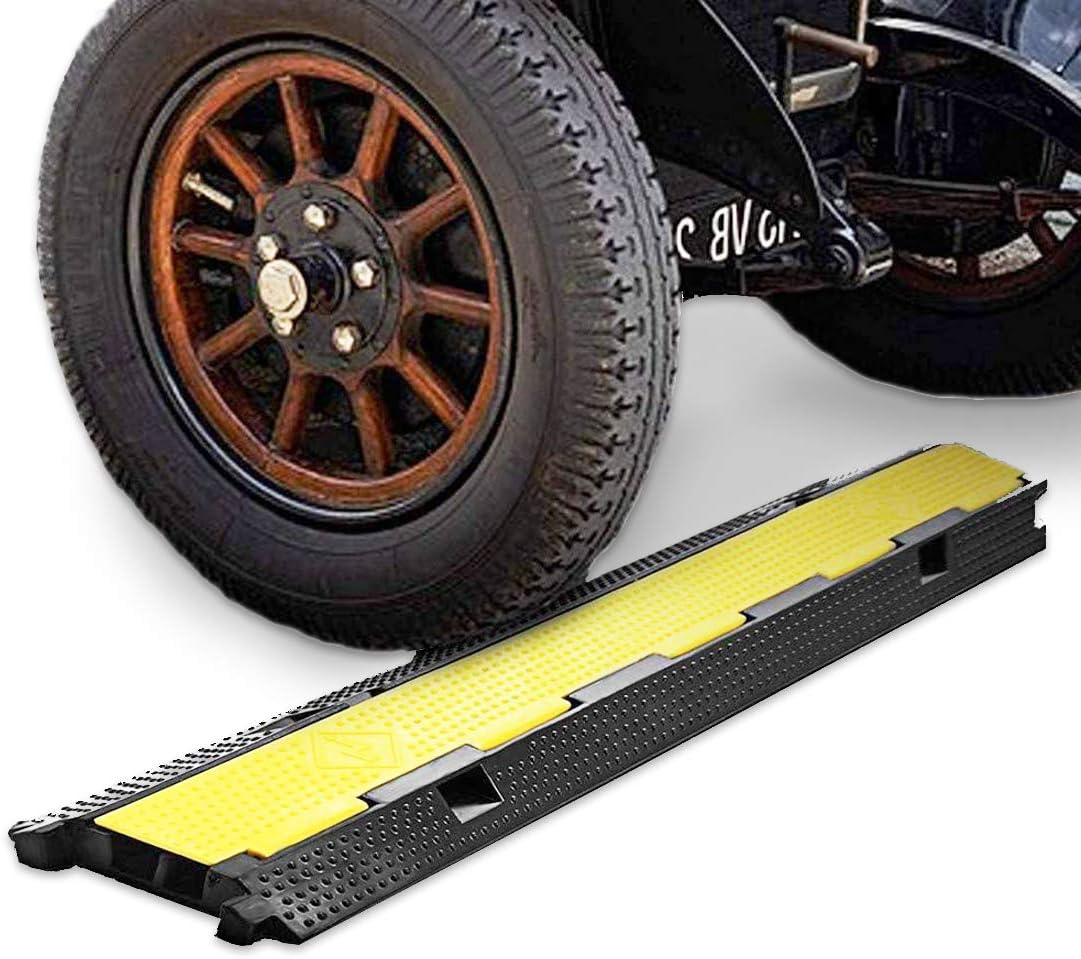 ybaymy 100x25x5cm Floor Cable Protector 2 Channel Black Rubber Cable Cover with Yellow Plastic Lid Linkable Floor Cable Cover Cord Channel Outdoor Cable Protector for Garage,Highway,Ramp