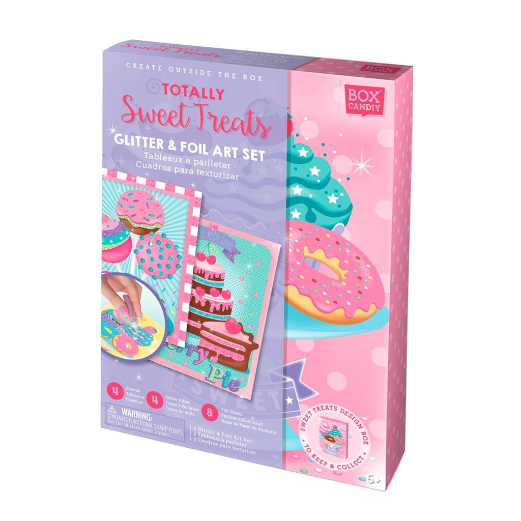 Box Candiy: Totally Sweet Treats Glitter and Foil Art Craft Set: 4 Glitter Boards, 4 Glitter Tubes and 8 Foil Sheets, Keepsake Gift Box, 4 x 17 x 23 cm, 6+
