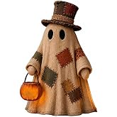 Lighted Vintage Patchwork Ghost, 3.94'' Light Up Ghost with Pumpkin LED Lantern Halloween Decor,Vintage Halloween Patchwork Ghosts Lamp,Rustic Fall Figurine Decoration for Mantel Shelf Entryway Porch