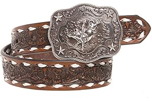 Nocona Boots Boys' 1-1/4" Bull Rider Floral Embossed Leather Western Belt Buckle
