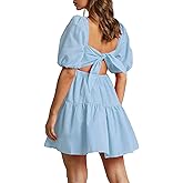 OWNGIGI Women's Summer Dress Square Neck Puffy Short Sleeve Loose Tie Back Casual A-Line Mini Dresses