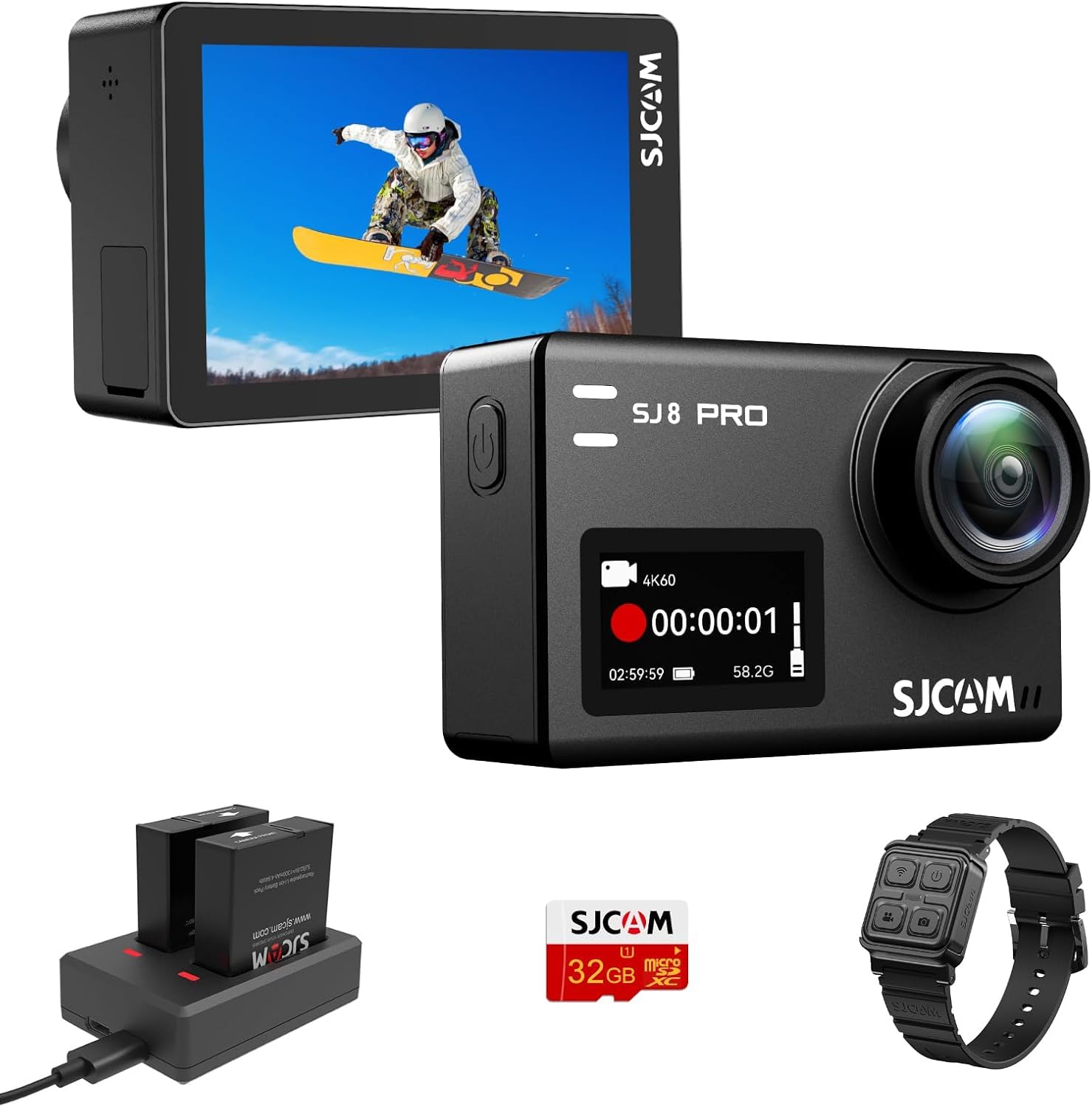 SJCAM SJ8Pro Action Camera 4K 60fps, WiFi+Remote+2.33'' Touchscreen 170° FOV 8X Zoom Six-Axis EIS, Underwater 40M Waterproof Helmet Cam with 32G SD Card and Kits