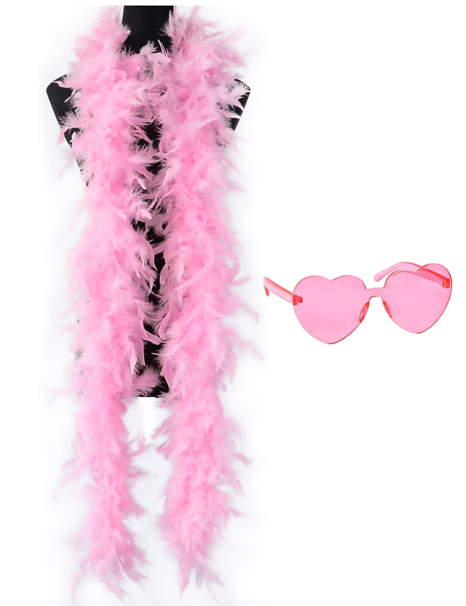 db11 Colorful Feather Boas, 6.6ft Feather Boa for Women for Dancing Wedding Party Cosplay Halloween,with Heart Rimless Sunglasses (Pink)