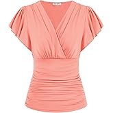 GRACE KARIN 2025 Womens Tops Summer Wrap Blouse V Neck Ruffle Sleeve Dressy Casual Top Ruched Trendy Clothes