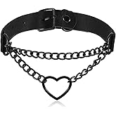Black Leather Choker Necklace for Women, Heart Chain Choker Punk Goth Chokers for Women, Adjustable PU Collar Gothic Jewelry Accessories, Goth Necklace Halloween Cosplay Jewelry (17.72 inches)