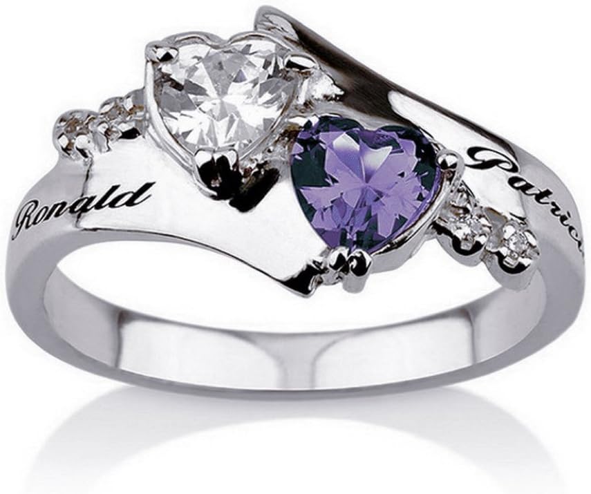 Promise Ring Engraved Ring Sterling Silver Simulated Birthstone Ring Heart Ring with Stones Couples Ring Split Band Ring