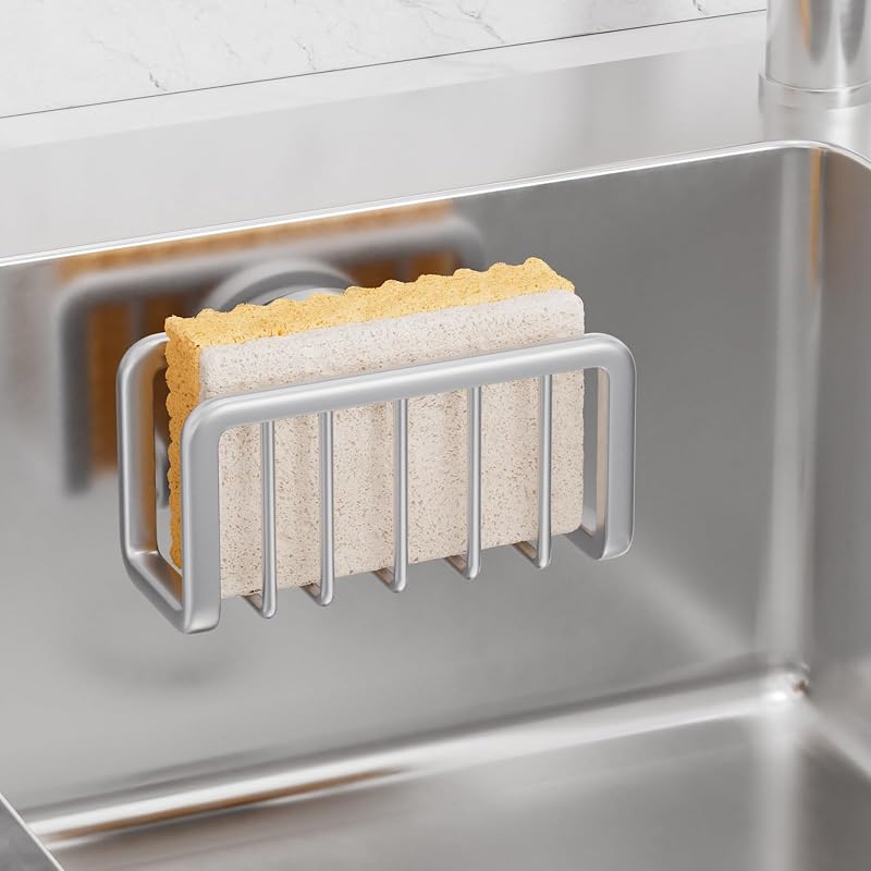 TAILI Sponge Holder for Kitchen Sink with Strong Suction, Rustproof Aluminum,