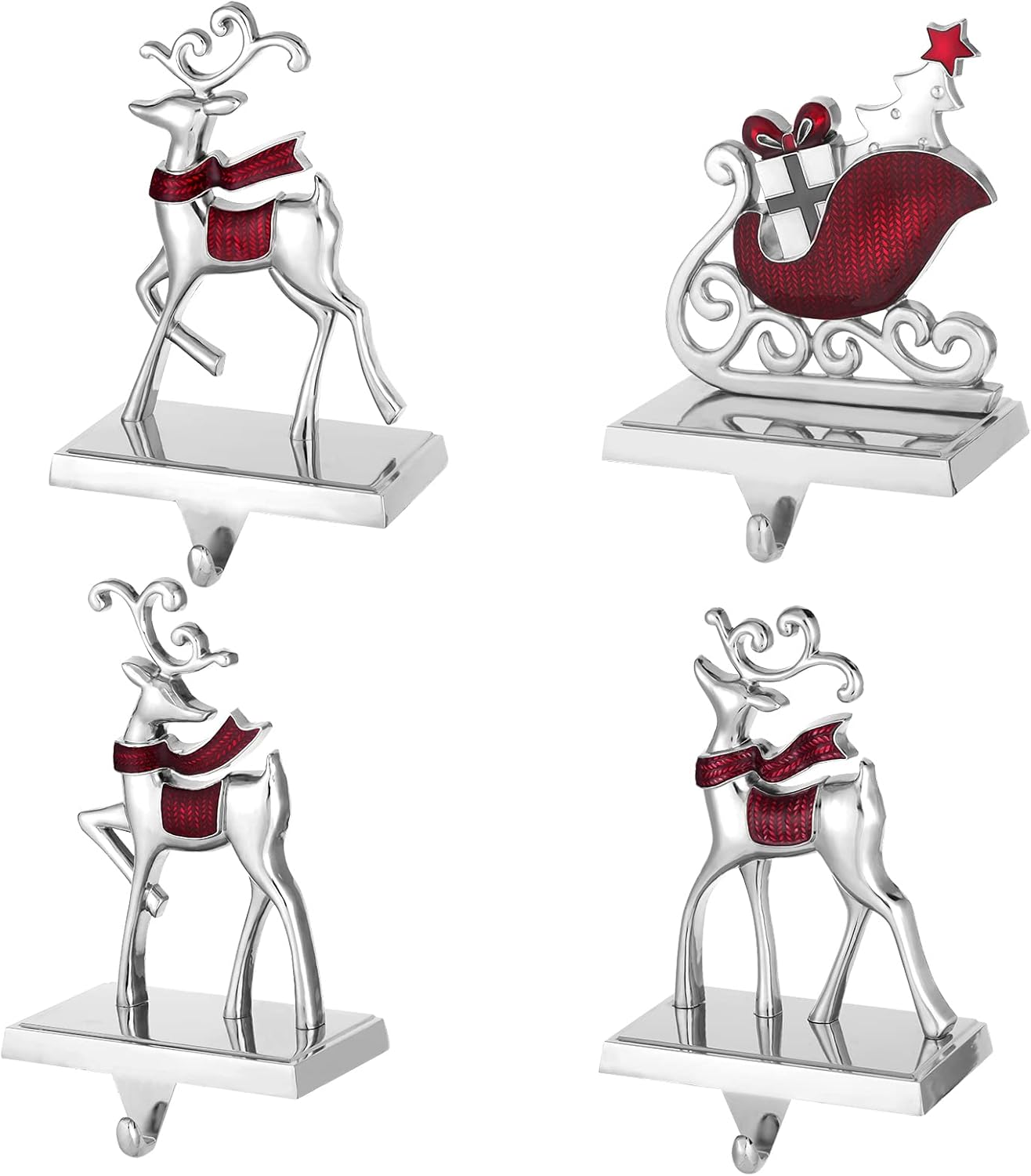 Stockings & Holders - Set of 4 Christmas Stocking Holders for Mantle, Holiday Christmas Decoration Stocking Hanger Reindeer & Pine Tree 3D Sliver Red Embellish Sturdy Stocking Hook for Fireplace Counter Window Decoration