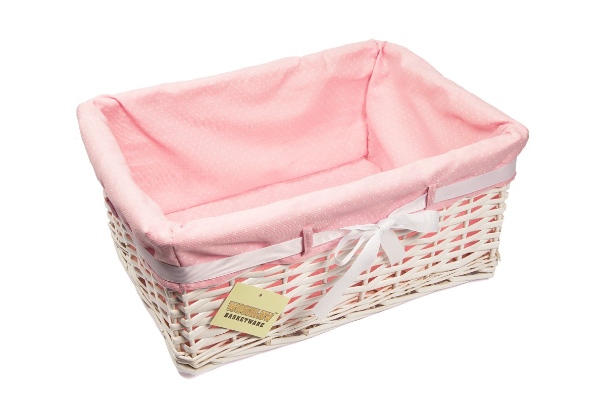 Woodluv Large Rectangular White Willow Wicker Hamper Storage Basket-With Pink Dot Linning (Gift Hamper Basket)