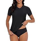 Lecieldusoir Women's V-Neck Short Sleeve Rash Guard Shirts UV Protection Swim Shirts UPF 50+ Lightweight Swimwear