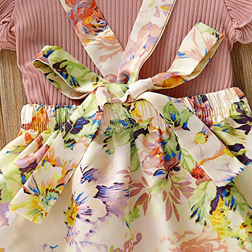 Tomppy Infant Toddler Baby Girls Solid Ruffle Romper + Floral Suspenders Skirts 2PCs Outfits Sets Pink