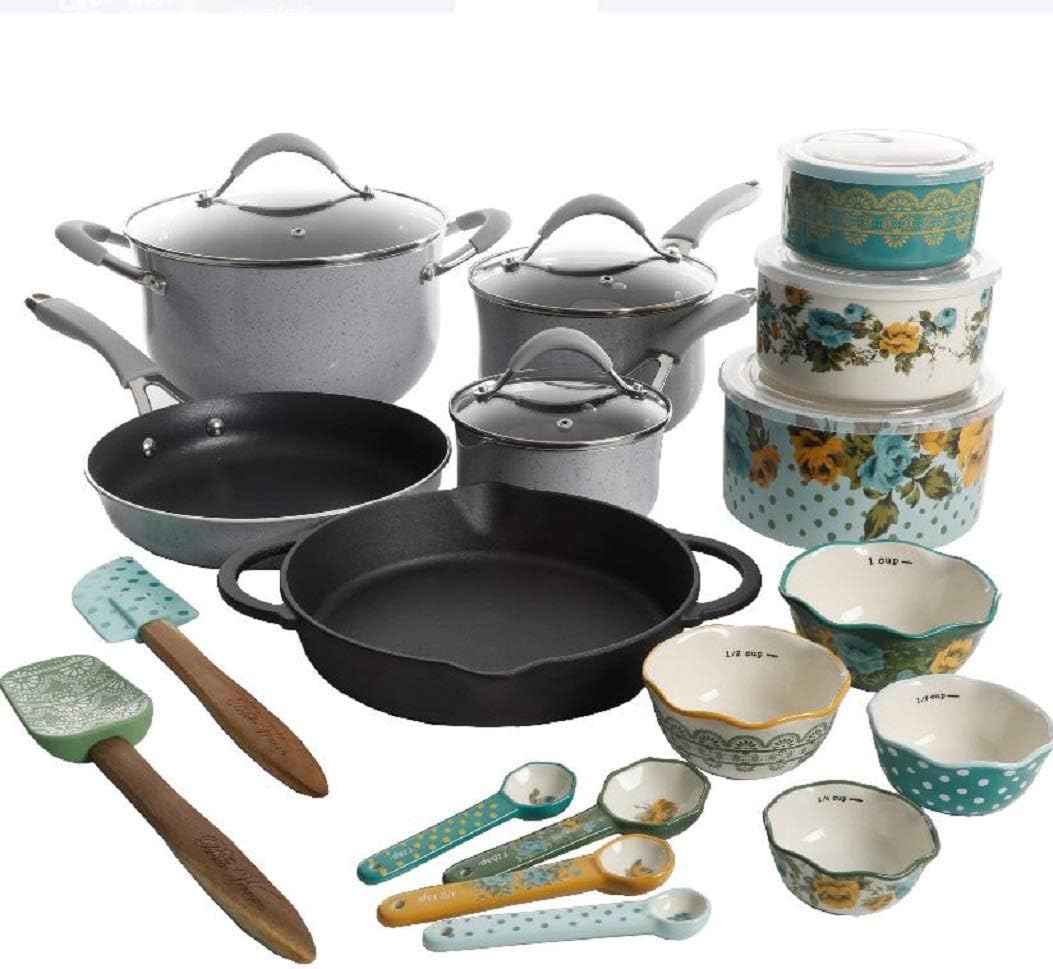 The Pioneer Woman Speckled Cookware 24 Pc Cookware Pots Pans Enameled Aluminum Non Stick (Gray Speckle)
