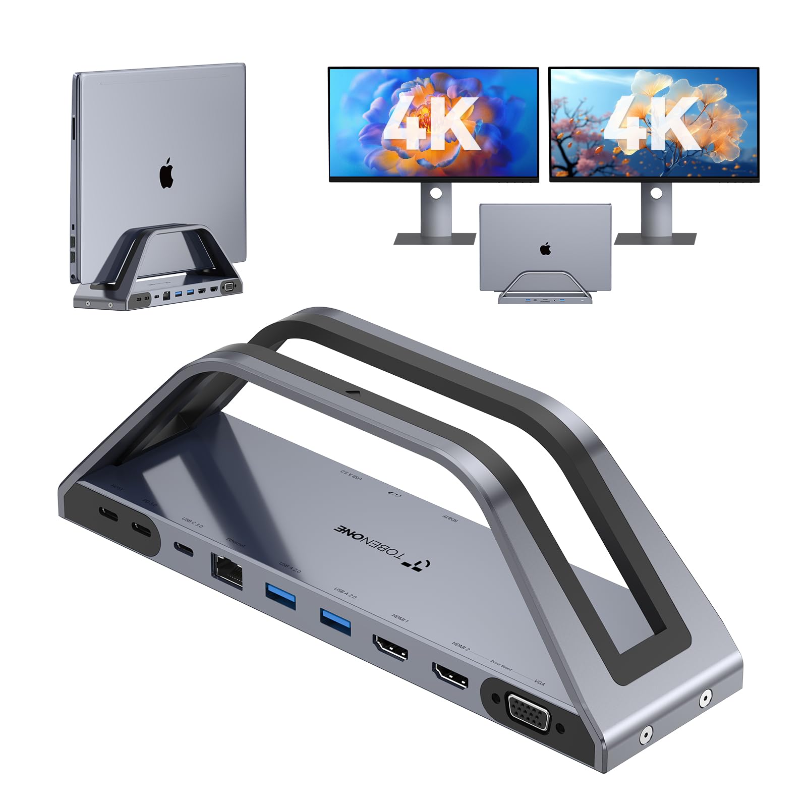 Photo 1 of TobenONE 14-in-1 MacBook Pro/Air Docking Station Dual 4K Monitor, Laptop Docking Station Stand for MacBook M1/M2/M3/M4/M5, Driver-Based, USB C Dock with 65W Power Adapter, 2 HDMI,VGA, 5Gbps USB, RJ45