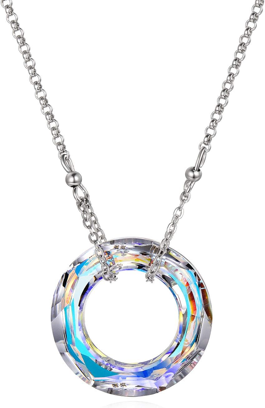 925 Sterling Silver Circle Necklace with Austrian Crystal, Jewelry for Women Teen Girls