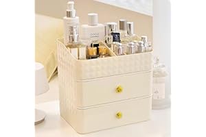 KQJS Makeup Organizer With Stackable Drawers,Large Capacity Cosmetics Organizer With Makeup Tray,Stackable Cosmetics Display Case(2Drawer+1Tray)