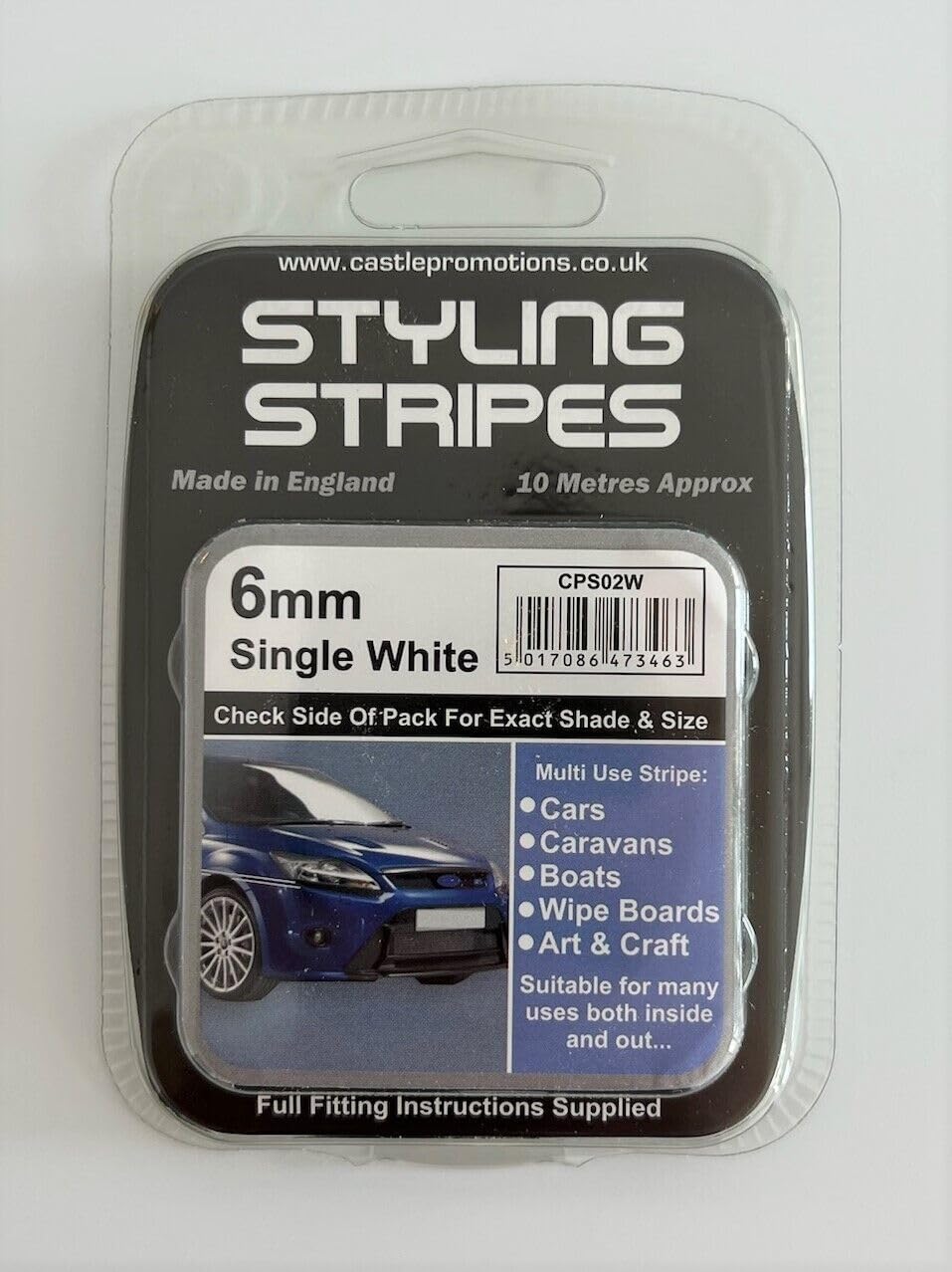 Pin Stripe 6mm x 10mtr Self Adhesive Car Pin Stripe Black - White - Red - Gold - Silver Coach Tape Styling Stripe (White)