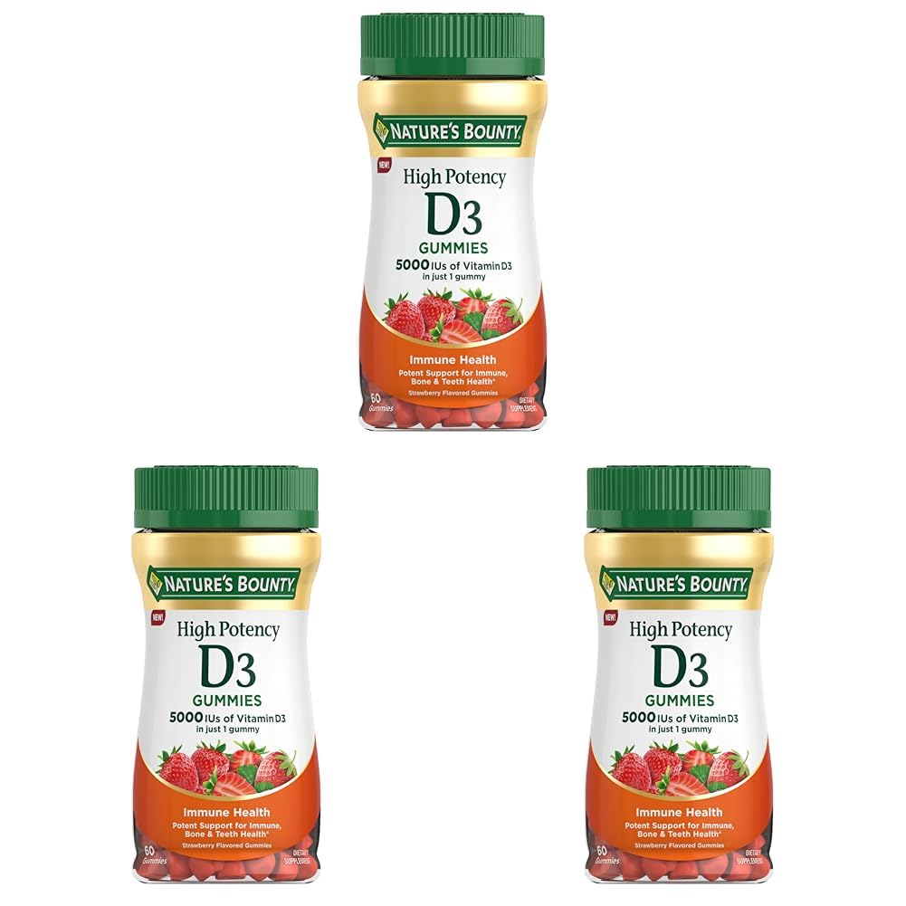 Nature's Bounty Vitamin D 5000 IU Gummies,Vitamin D3 High Potency Immune Support & Bone Health Supplement,5000 IU in 1 Gummy,Strawberry Flavor,2Month Supply,60 Vegetarian Gummies for Adults(Pack of 3) Image