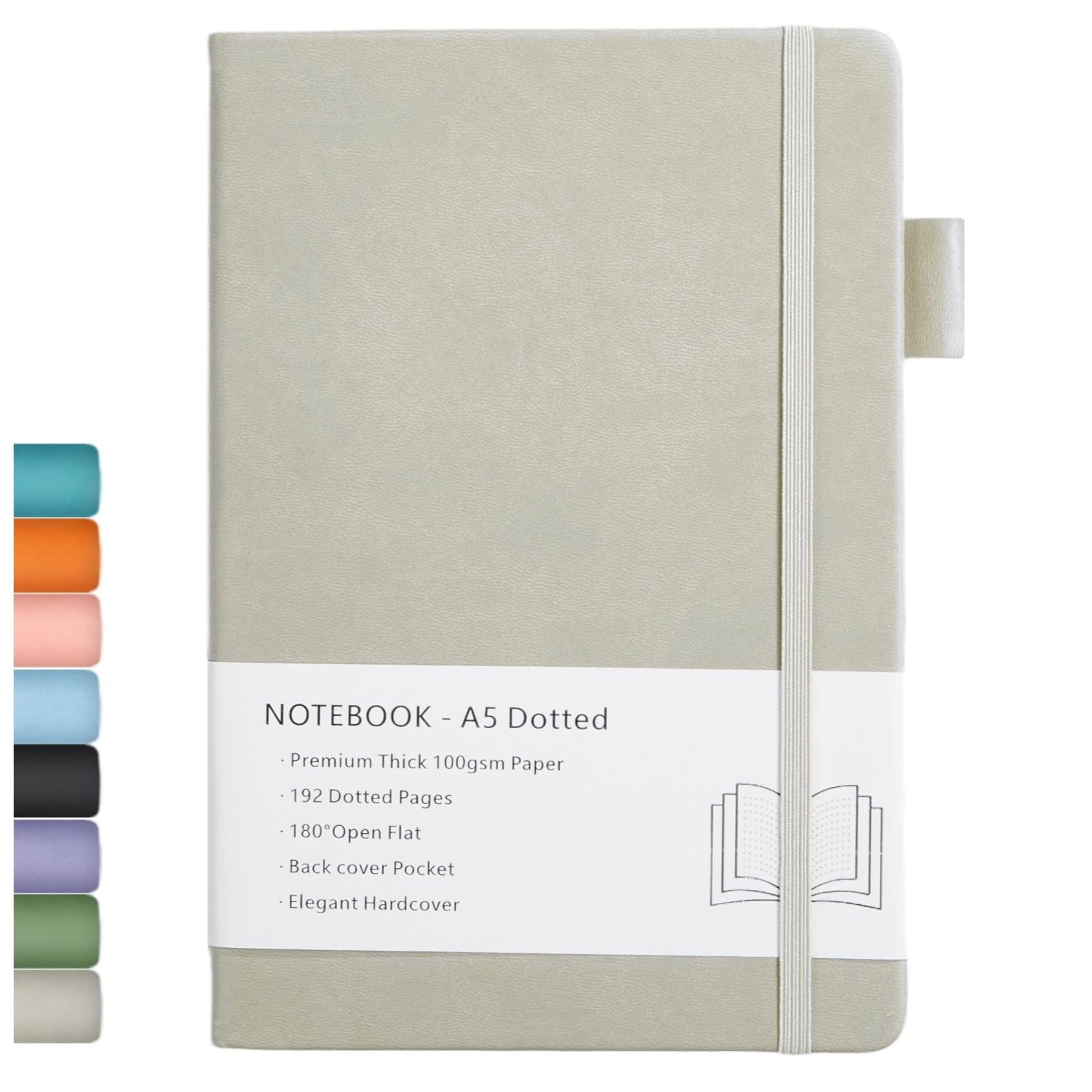 Dotted Journal, A5 Hard Cover Dotted Notebook with Premium 100 GSM Thick Paper, Pen Loop, Inner Pocket, Elastic Banded, Faux Leather Cover, 192 Pages, 14.5X21.3 cm, Grey