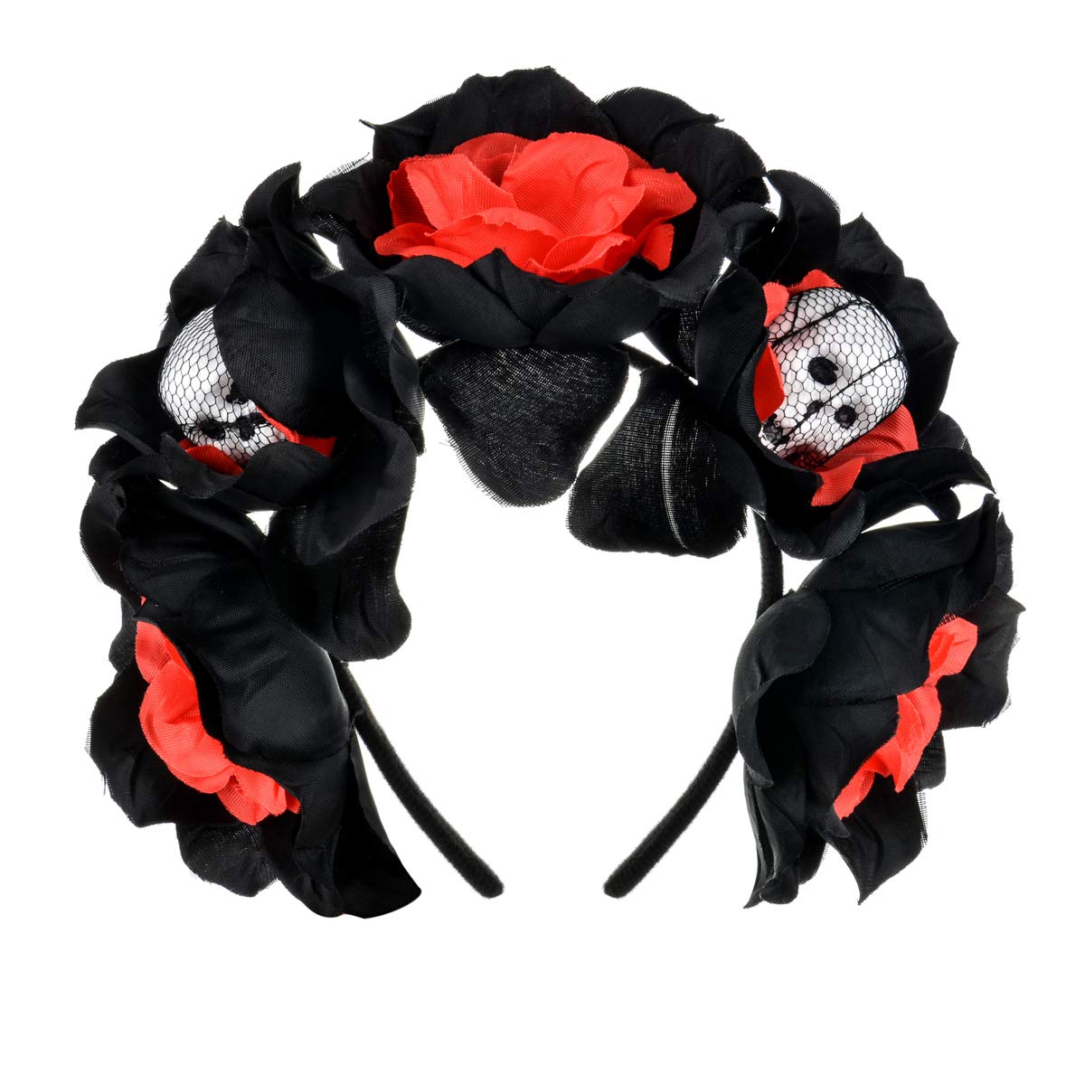 Merroyal Halloween Flower Crown Headband Party Costume Dia de Los Muertos Day of The Dead Headpiece(Black and Red Skull)