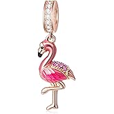Rose Gold Flamingo Pendant Charms, fit Pandora Mothers Day Bracelet, 925 Sterling Silver Tropical Bird Dance Flamingo Dangle with Pink Enamel Beads, Gift for Lover/Family/Birthday