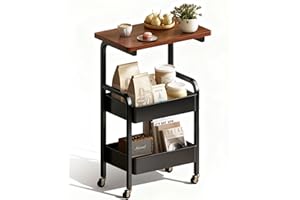 MASHART 3 Tier Metal Rolling Utility Cart Organizer with Walnut Table Top, Stable and Sturdy Rolling Storage Carts with 2 Lockable Wheels for Kitchen，Bathroom，Snacks，Coffee，Craft，Makeup，Baby Essentials