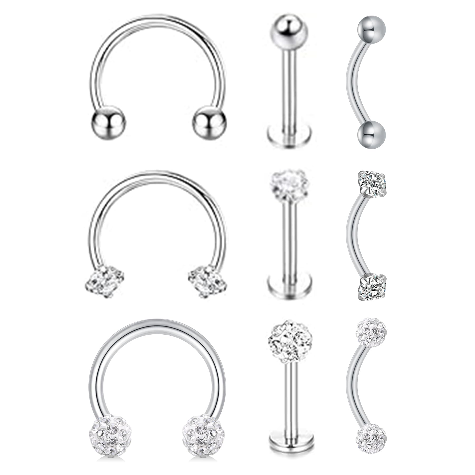 AceFun 9er 16G Body Jewellery Nose Piercing Lip Piercing Banana Eyebrow Piercing Ear Studs Helix Tragus Septum Horseshoe Circular Barbell Piercing Unisex Punk