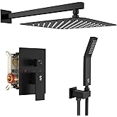 SR SUN RISE 12 Inches Matte Black Shower System 12 Inch Brass Bathroom Luxury Rain Mixer Shower Combo Set Wall Mounted Rainfall Shower Head System Shower Faucet Rough-in Valve Body and Trim Included