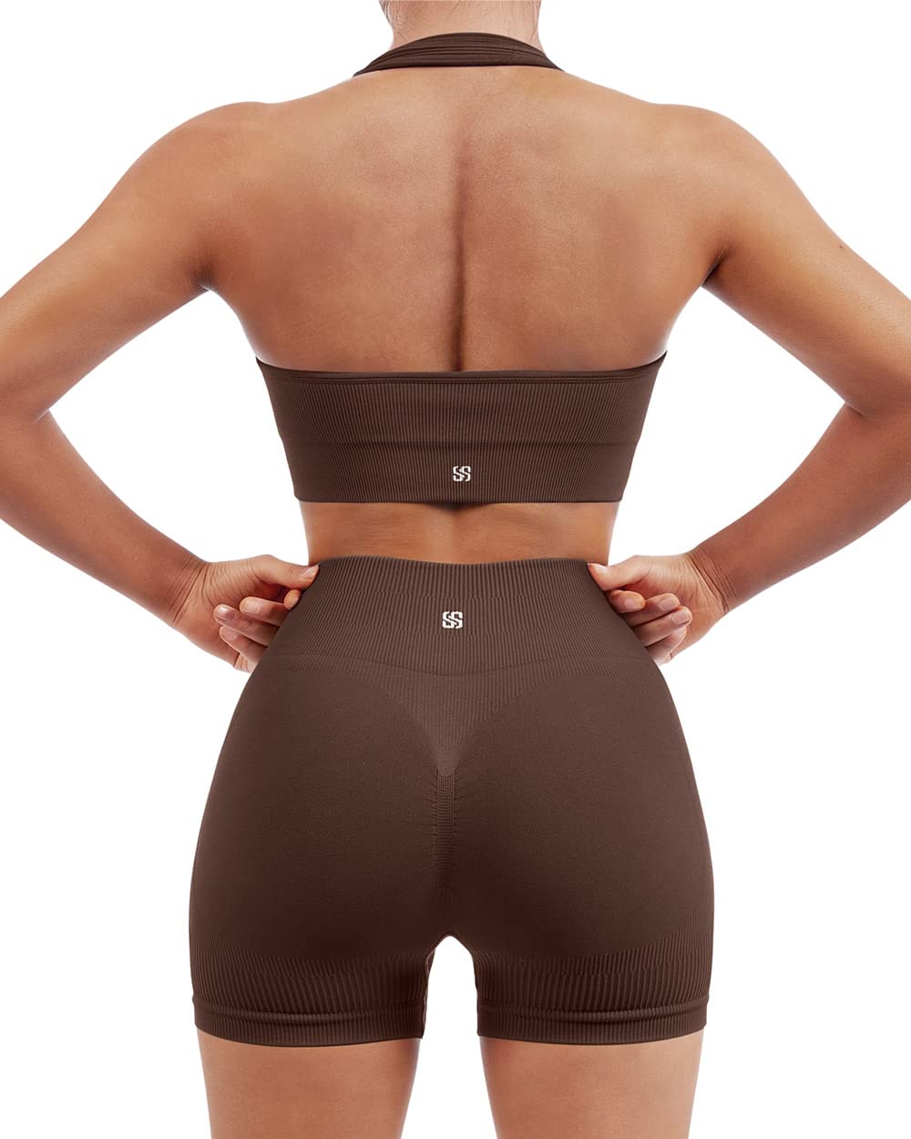 Photo 1 of SUUKSESS Women Two Piece Seamless Ribbed Workout Sets Outfits Backless Halter Sports Bra Booty Biker Shorts (Dark Brown, S)