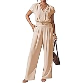 Pink Queen Jumpsuits for Women Dressy V Neck Short Sleeve Wide Leg Rompers Business Casual One Piece Outfits