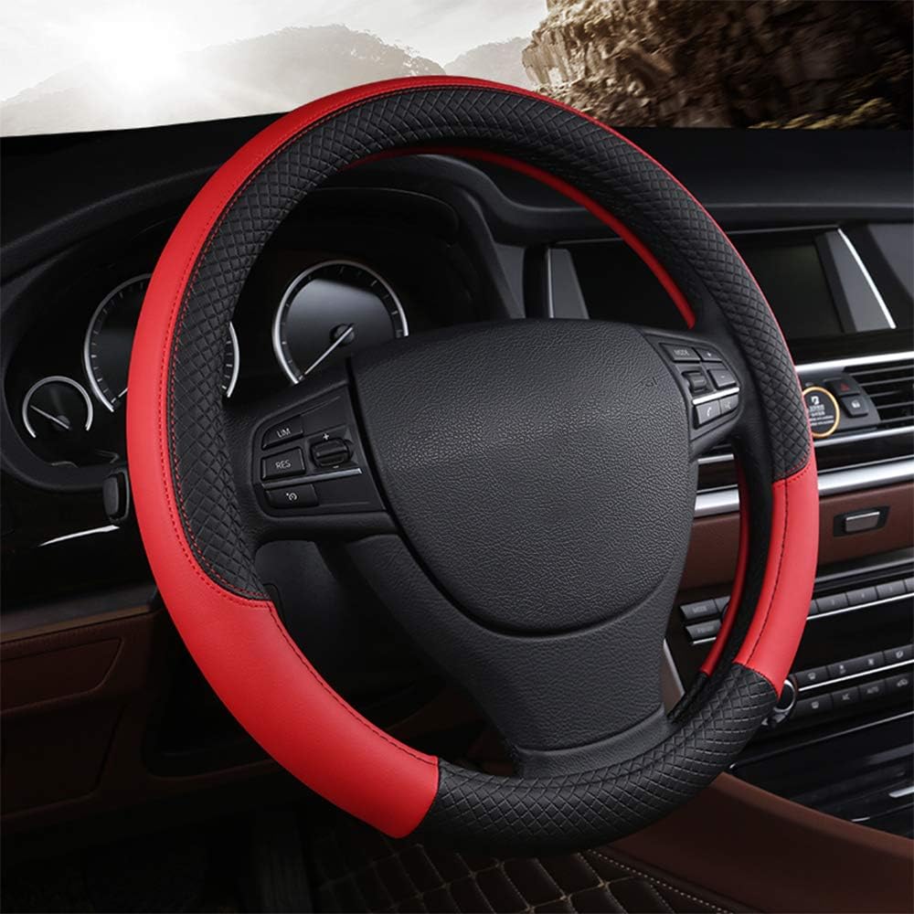 Leather Automotive Car Steering Wheel Cover,Fits 15 inches Middle Size for Vehicles SUV,Breathable and Non-Slip Lines,Four Seasons Universal and Easy to Install (Black Red)