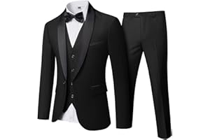 YND Men's 3 Piece Tuxedo Set with Bow Tie, Slim Fit One Button Shawl Lapel Suit Blazer Vest Pants, for Wedding Prom Dinners