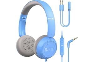 New bee Kids Headphones for School with Microphone HD Stereo Safe Volume Limited 85dB/94dB Foldable Lightweight On-Ear Headphone for Boys/PC/Mac/Android/Kindle/Tablet/Pad (Blue)