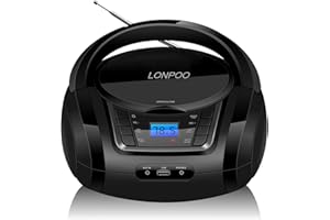 LONPOO CD Player Portable Boombox with FM Radio/USB/Bluetooth/AUX Input and Earphone Jack Output, Stereo Sound Speaker & Audio Player,Black