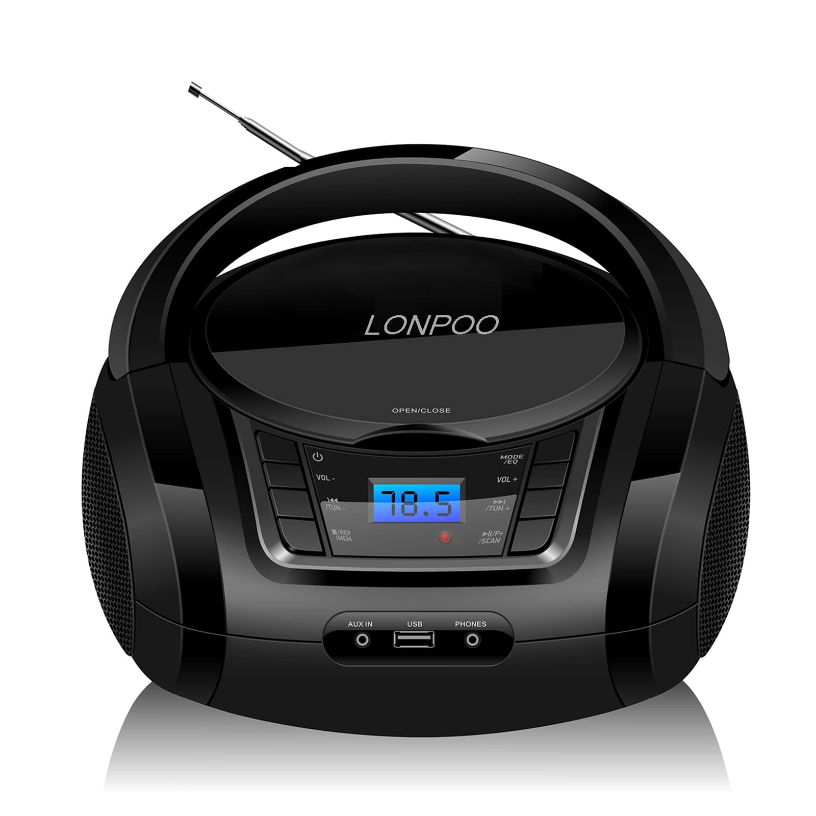 CD Player Portable Boombox with FM Radio/USB/Bluetooth/AUX Input and Earphone Jack Output, Stereo Sound Speaker & Audio Player,Black