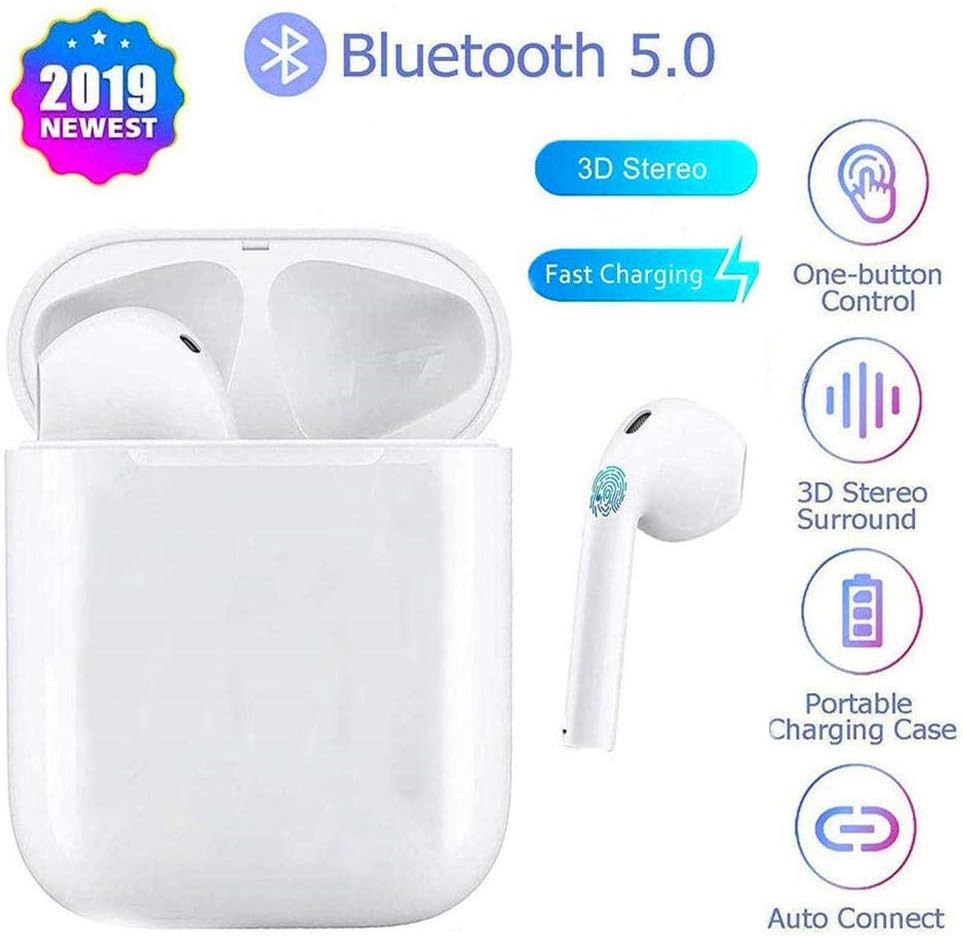 TWS I10000 Bluetooth 5.0 Headphones 3D Stereo HD Wireless Earbuds with Mic, Binaural Pairing,Wireless Earphones with Portable Charging Case,Mini Sport Headphones (white)