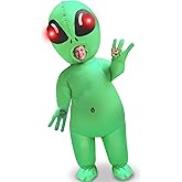 Camlinbo Halloween Inflatable Alien Costume with Red LED Eyes, Scary Alien Blow Up Costumes for Kids Boys, Full Body Green Inflatable for Cosplay Themed Parties