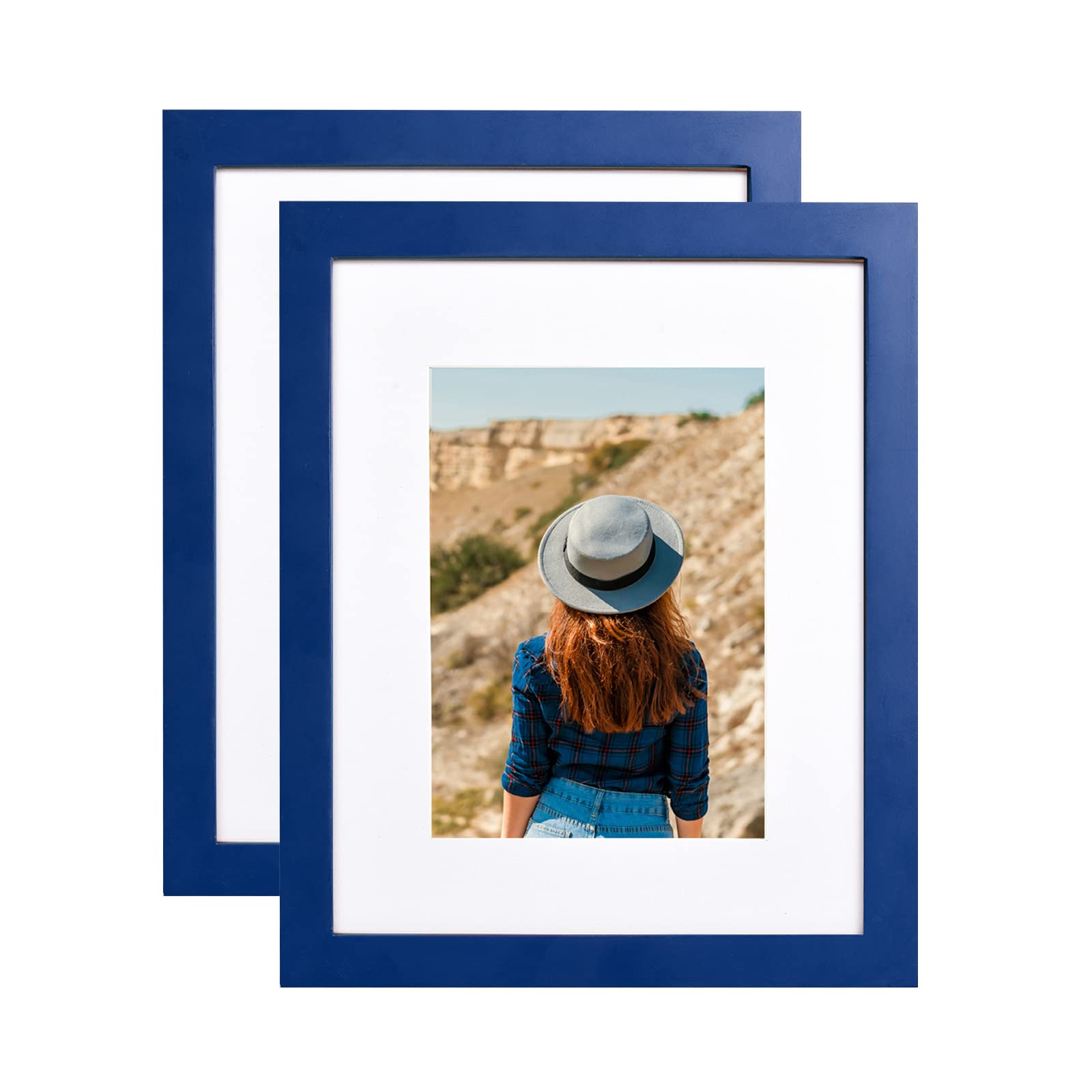 Photo 1 of wyooxoo 8x10 Picture Frame Set of 2 Dark blue Made of Solid Wood Photo Frames Display Pictures 5x7 with Mat or 8x10 Without Mat Colorful Frame For Tabletop Display or Wall
