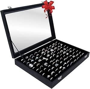 100 Slots Ring Storage Display Box with Transparent Lid ~ Ring Holder Showcase for Store Display , Jewelry Show &amp; Home ~ Jewelry Tray Organizer (Black)