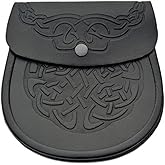 KSUC Black Genuine Leather Sporran Celtic Knot Double Embossed Scottish Kilt Sporran w/Chain and Belt