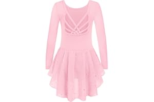 Arshiner Girls Long Sleeve Ballet Leotards with Shinny Skirts Criss-Cross Back Dance Dresses