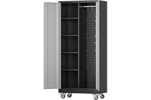 GLADIW Garage Storage Cabinet, Metal Storage Cabinet with Lockable Doors and 4 Adjustable Shelves, Tool Storage Cabinet with Wheels and Pegboards for Garages, Offices, Gyms and Pantries, Black Grey