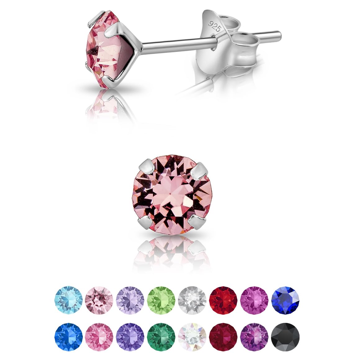 925 Sterling Silver Round SMALL Stud Earrings made with Glittering Crystals - Silver Studs Earrings for Woman - Diameter: 5 mm - Colour : Light Rose