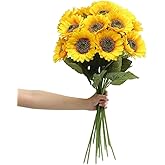 Laelfe Artificial Sunflower Flowers Long Stem Silk Fake Large Sunflowers Decoration for Outdoor Home Wedding Baby Shower Birthday Party Single Bulk Yellow Decor 6PCS (Dark Center)